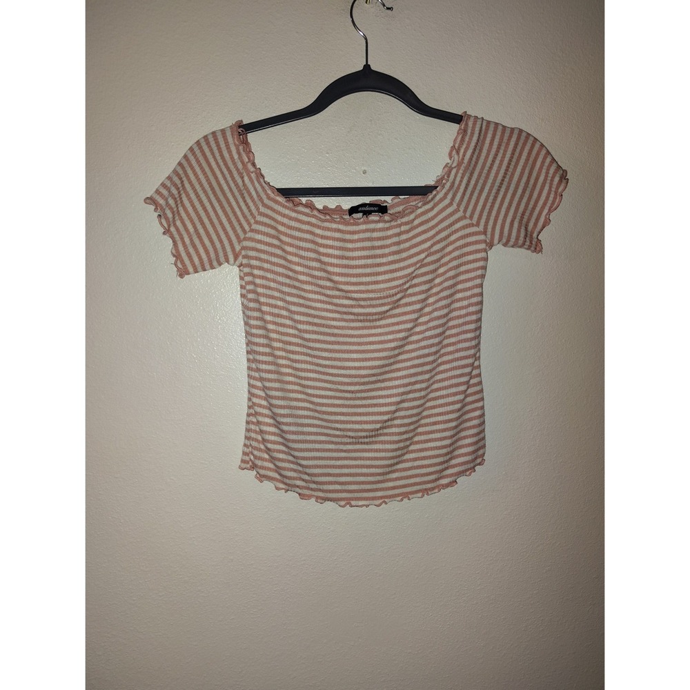 Ambiance Apparel Pink White Striped Ribbed Lettuce Edge Scoop Neck Top Small